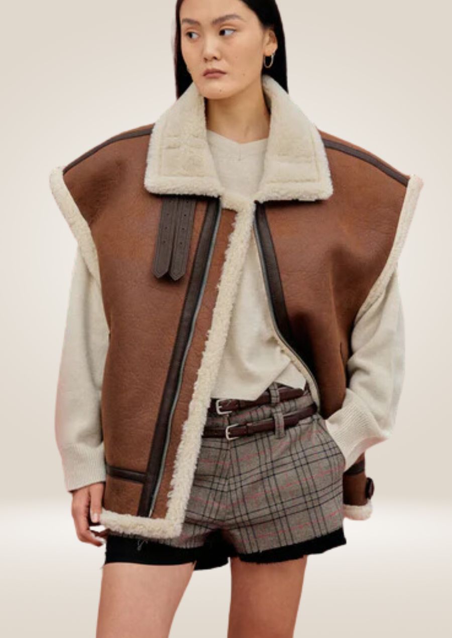 Brown sheepskin shearling aviator leather vest with cozy lining and rugged tailored fit