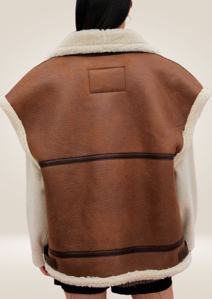 Brown sheepskin leather vest with shearling collar and structured aviator-inspired style
