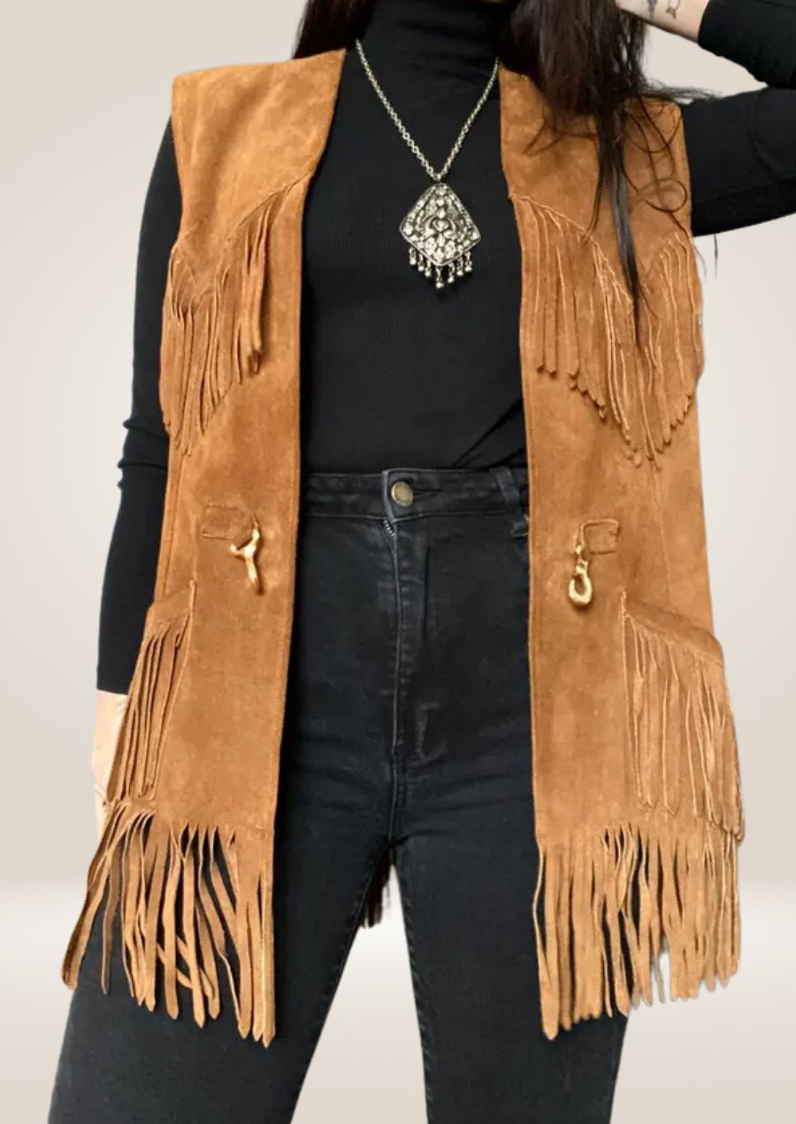 Brown Suede Western Fringe Vest - Rustic Cowboy Style