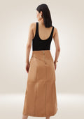 Stylish women’s camel leather midi skirt featuring wrap front and smooth polished texture