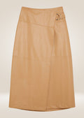 Women’s camel leather wrap midi skirt with high waist and refined minimalist design