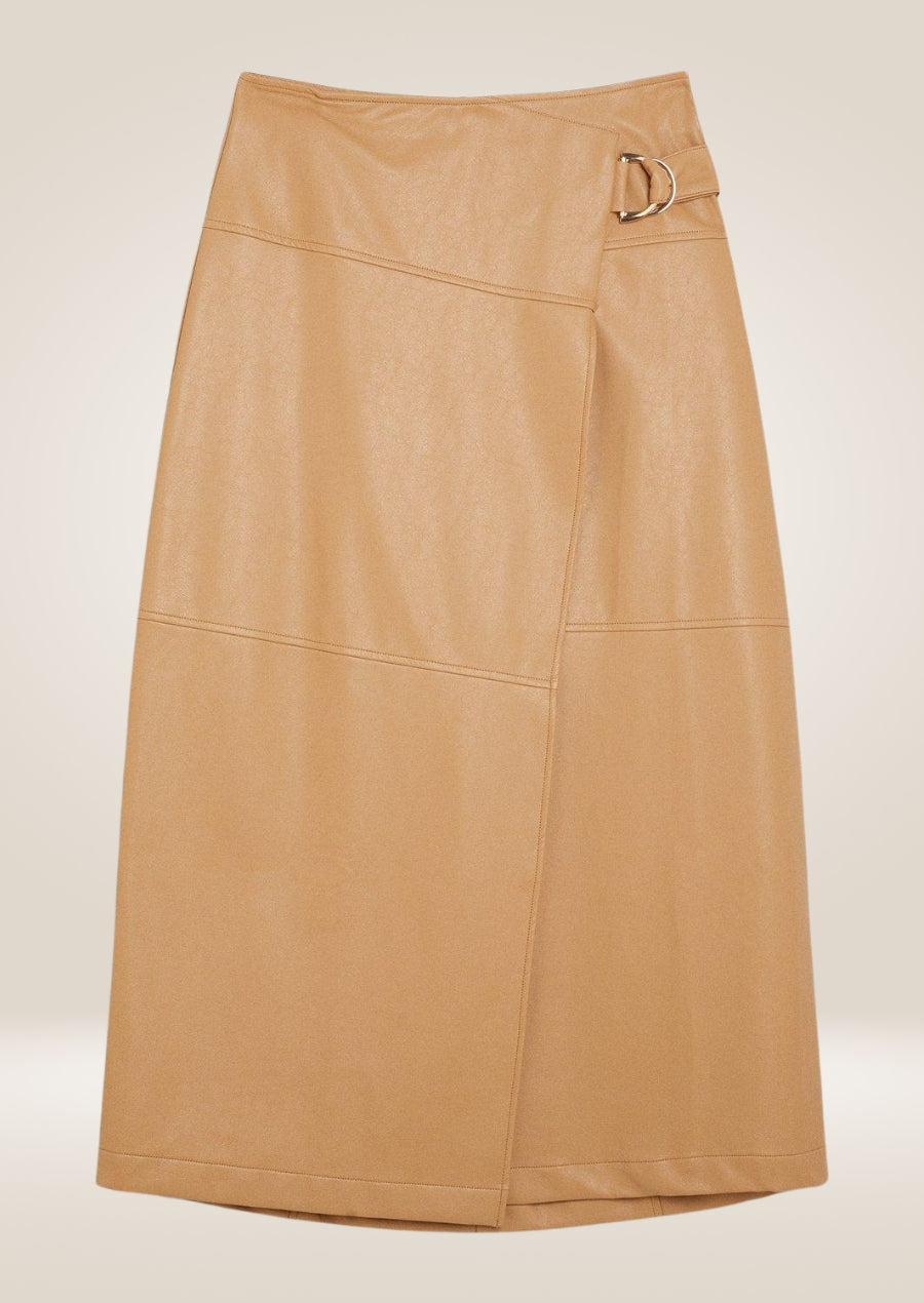 Women’s camel leather wrap midi skirt with high waist and refined minimalist design