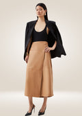 Camel Leather Wrap Midi Skirt