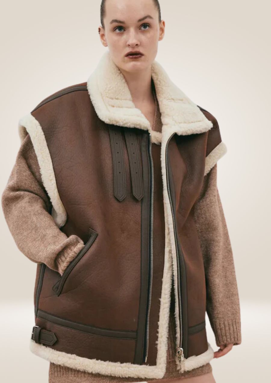 Chocolate Brown Sheepskin Aviator Leather Vest - Cozy and Timeless