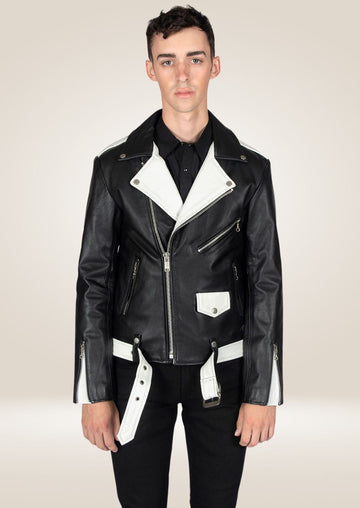 Classic Black & White Leather Biker Jacket