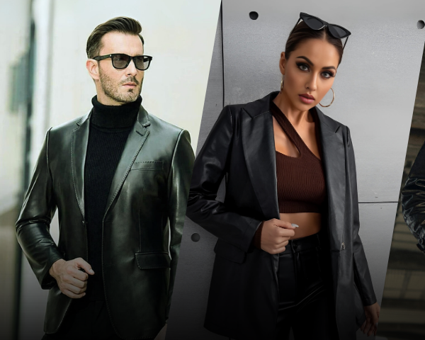 Unisex black leather coat offering sleek, sophisticated cold-weather style
