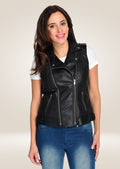 front pose of Black Leather Biker Vest for Women