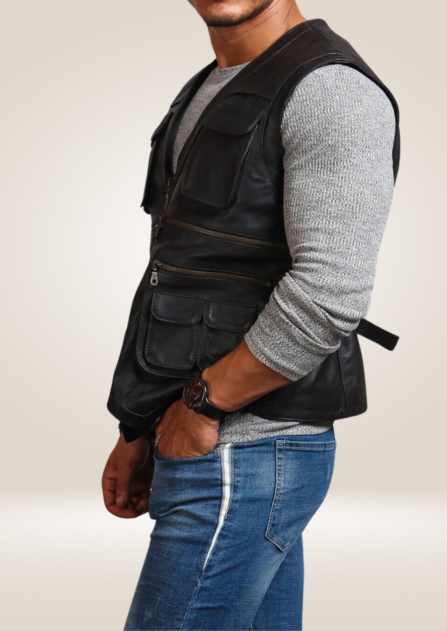 Men's Black Leather Biker Vest with Cargo Pockets