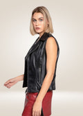 side view of Women's Black Leather Biker Vest