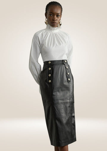 Leather Military Button Pencil Skirt - Bold and Structured Style