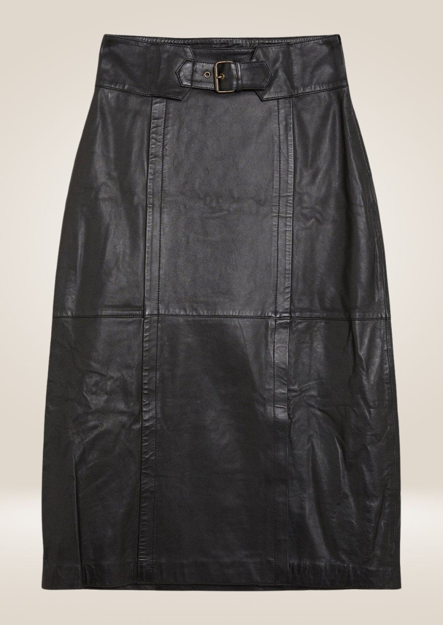 Leather Pencil Midi Skirt - Stylish Buckle Waist Detail