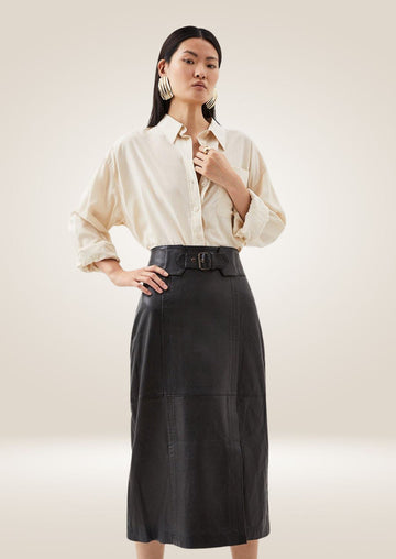 Leather Pencil Midi Skirt - Stylish Buckle Waist Detail