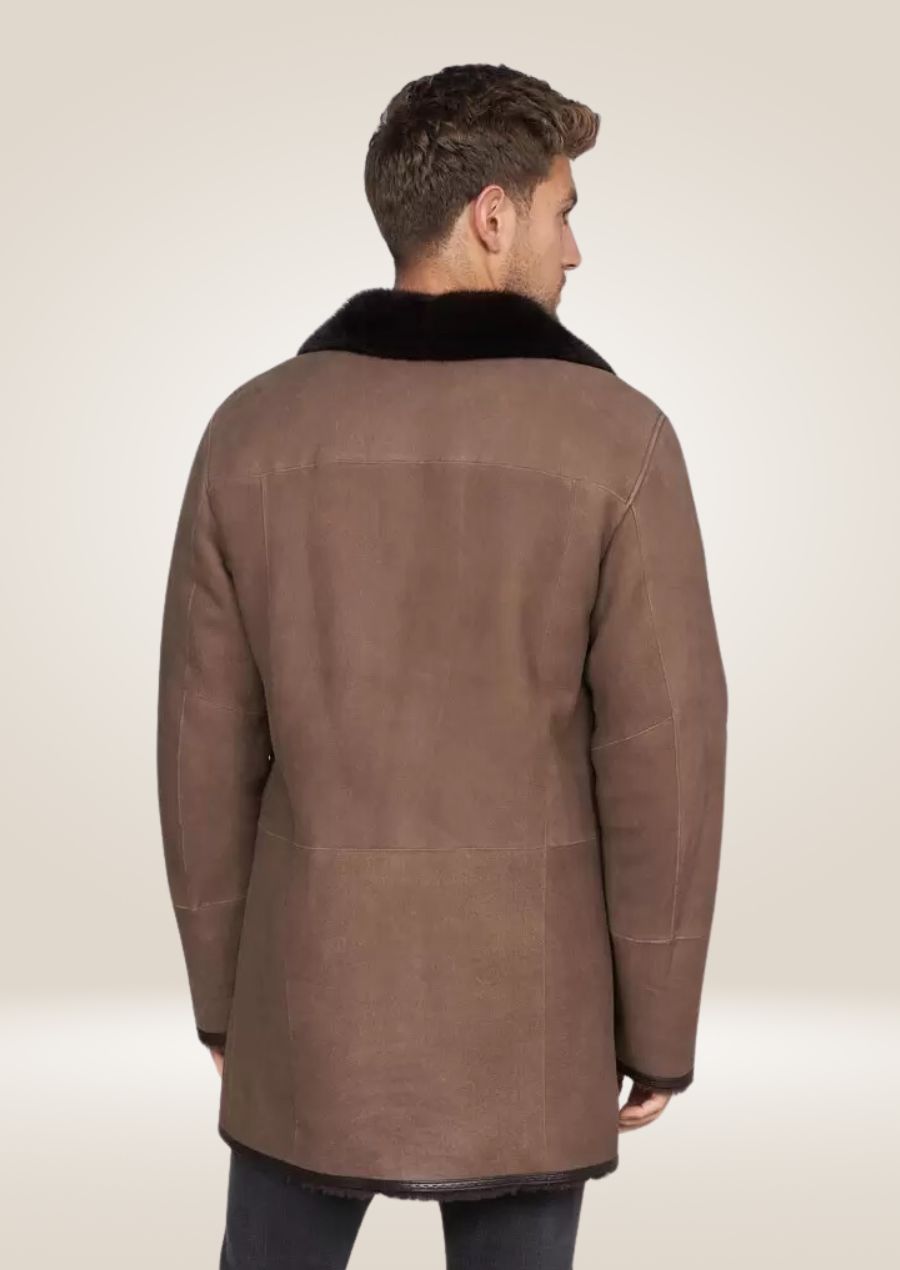 Brown Shearling Sheepskin Coat with Faux Fur Trim