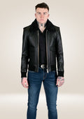 Men’s black aviator leather jacket with cozy shearling collar