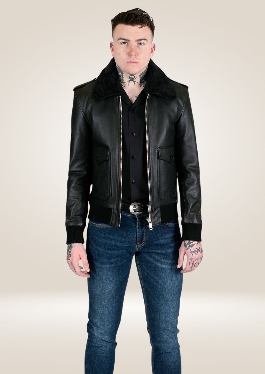 Men’s black aviator leather jacket with cozy shearling collar