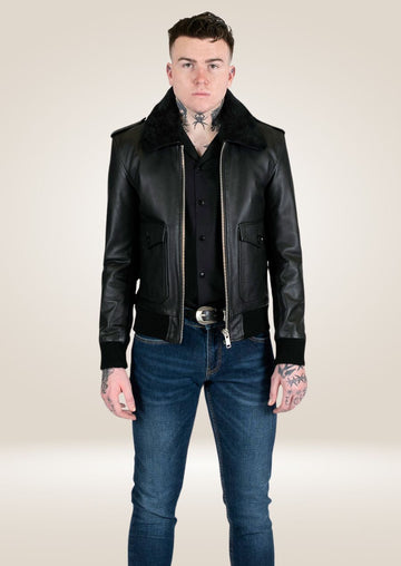 Men’s black aviator leather jacket with cozy shearling collar