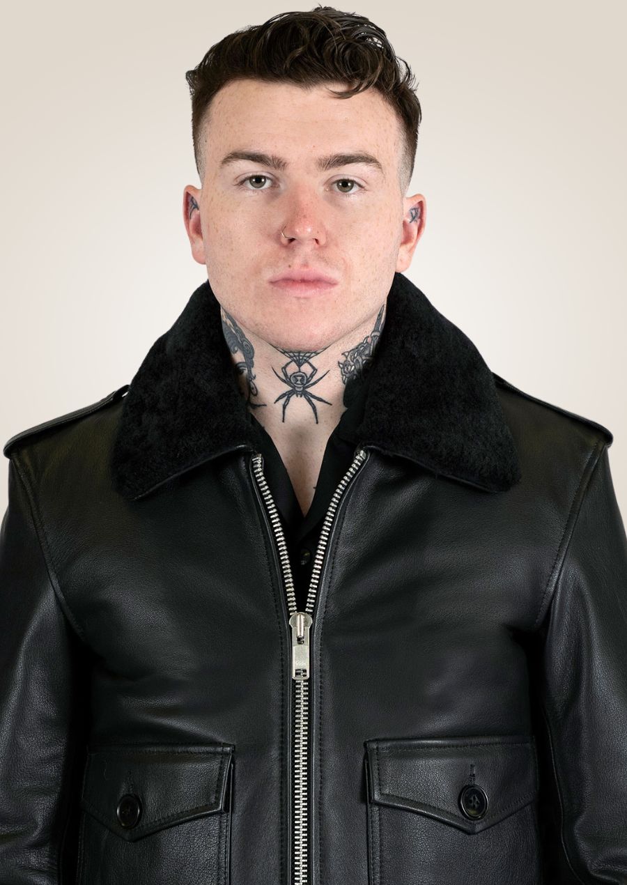 Classic black leather aviator jacket with shearling lining for men