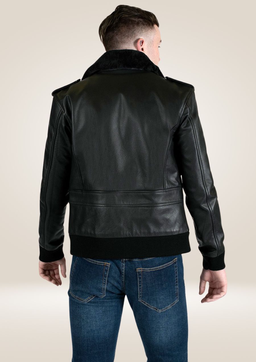 Men’s slim-fit aviator leather jacket with shearling interior