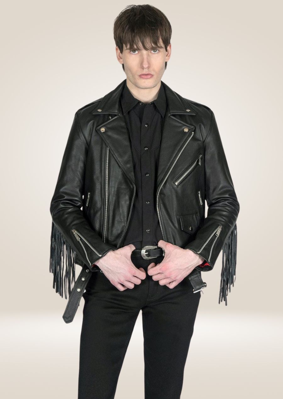 Men's Black Fringe Moto Leather Jacket - Retro Biker Look