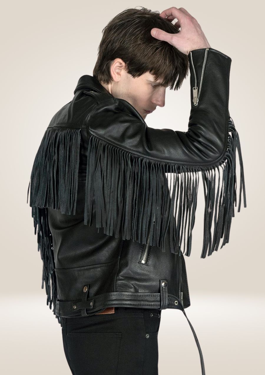 Men's Black Fringe Moto Leather Jacket - Retro Biker Look