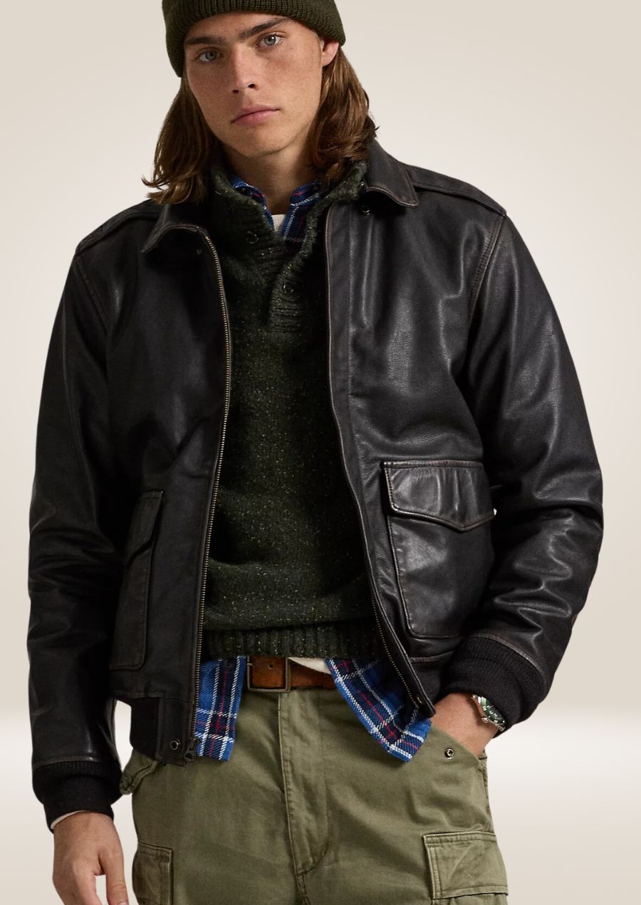 Men's Black Leather Bomber Jacket - Classic Aviator Style