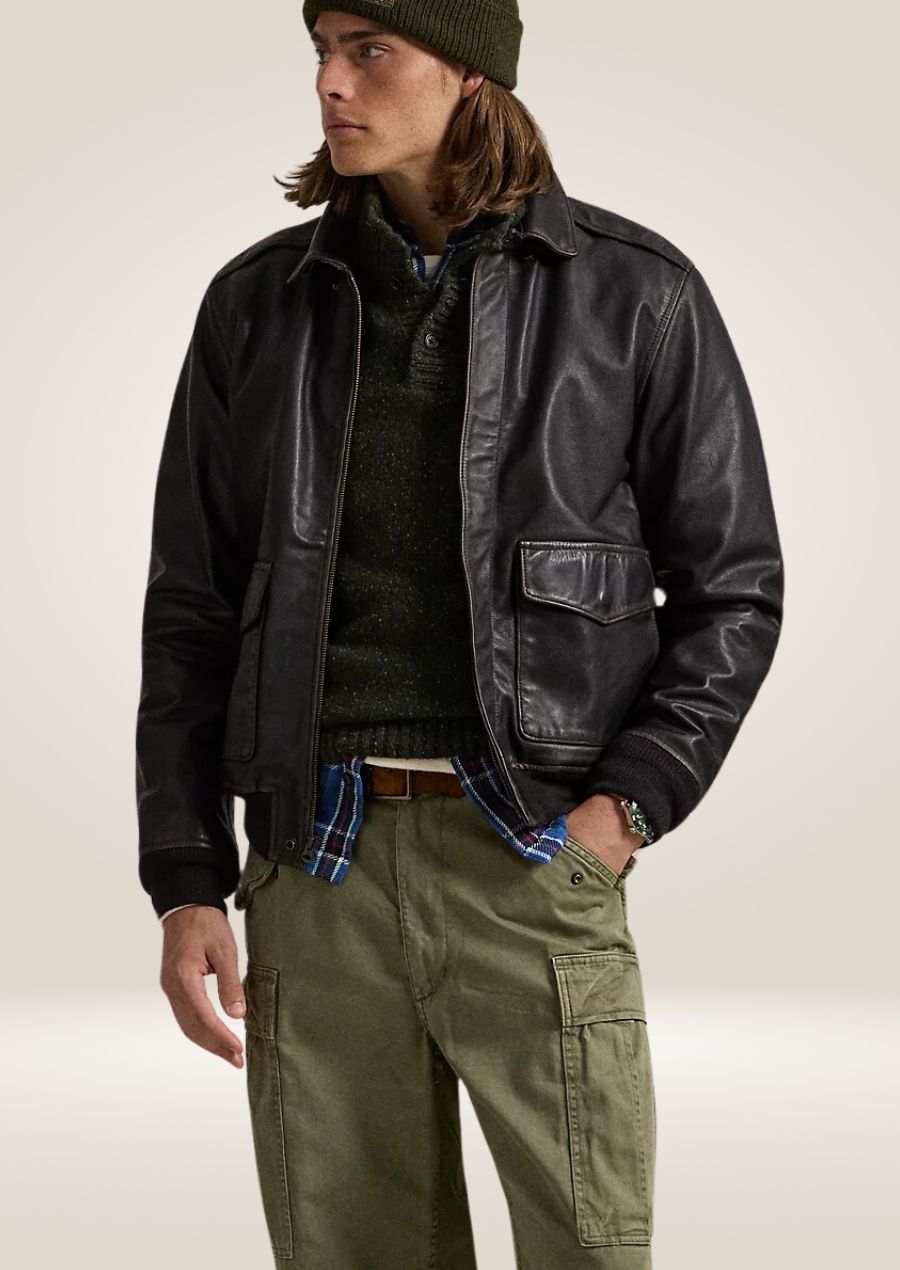 Men's Black Leather Bomber Jacket - Classic Aviator Style