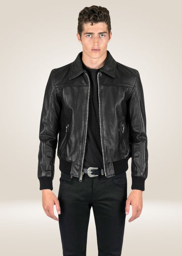 Men’s black leather jacket with classic front zip closure