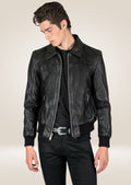Stylish black leather jacket for men with zip-up design