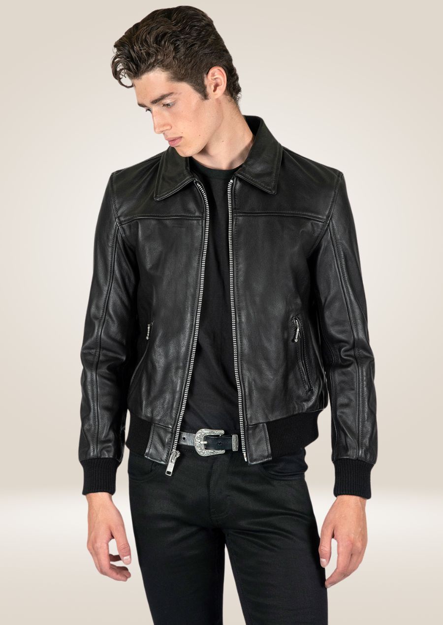 Stylish black leather jacket for men with zip-up design