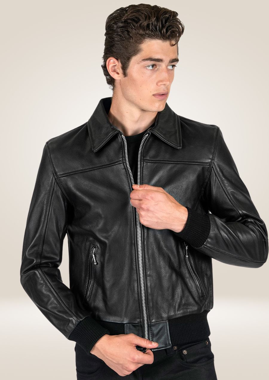 Classic men’s leather jacket featuring front zipper