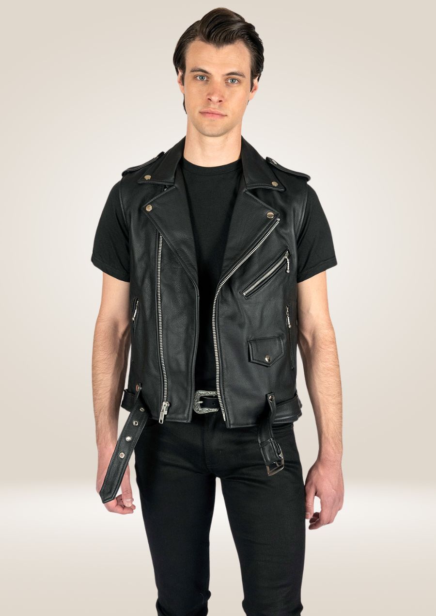 Men's Black Moto Leather Vest - Sleek Biker Style