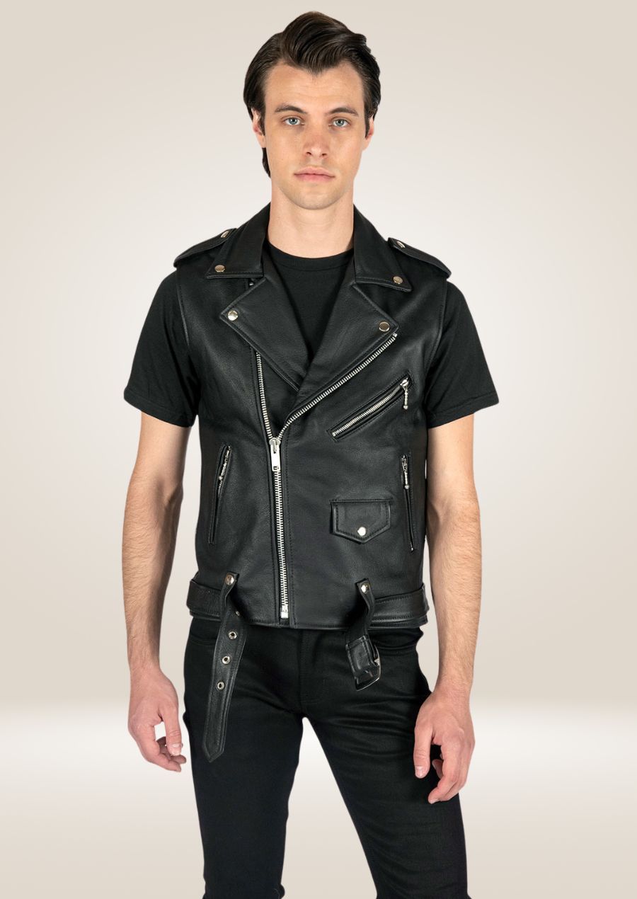 Men's Black Moto Leather Vest - Sleek Biker Style