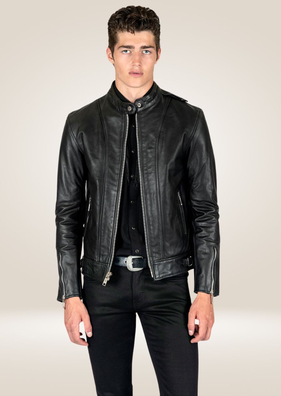 Men's Black Stand-Up Collar Leather Jacket - Sophisticated Edge