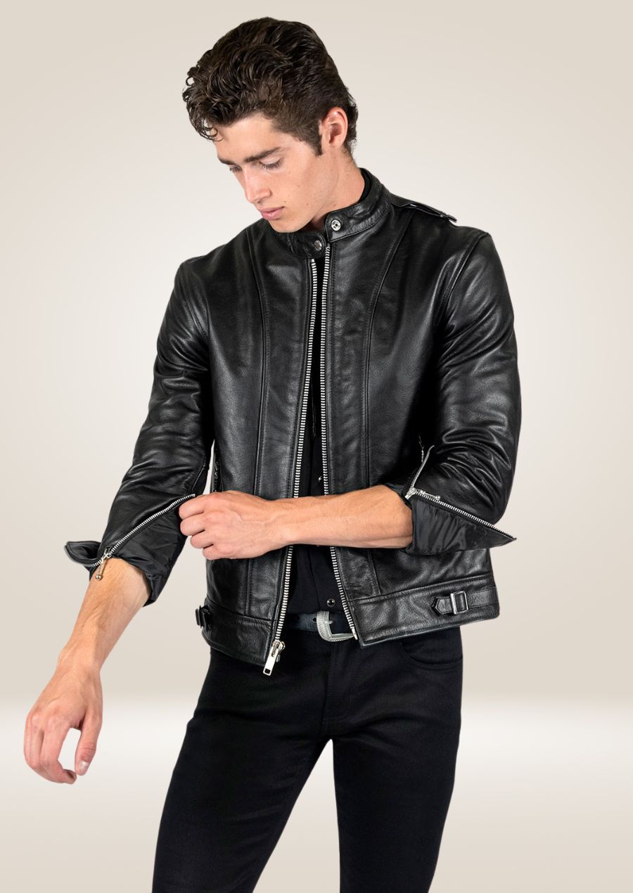 Men's Black Stand-Up Collar Leather Jacket - Sophisticated Edge