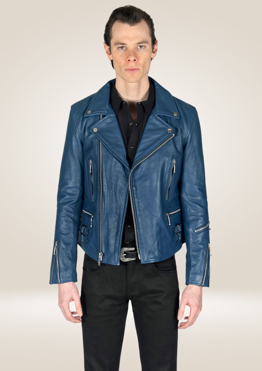 Men's Blue Perfecto Leather Jacket - Classic Biker Appeal