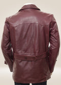 Back view of the men's burgundy pea coat showing its clean, tailored cut and elegant silhouette.