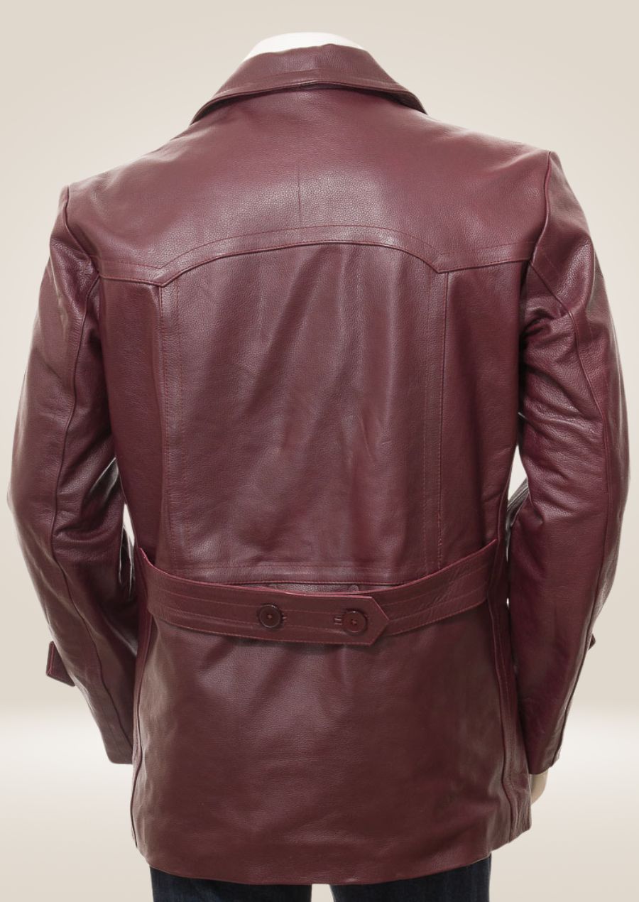 Back view of the men's burgundy pea coat showing its clean, tailored cut and elegant silhouette.