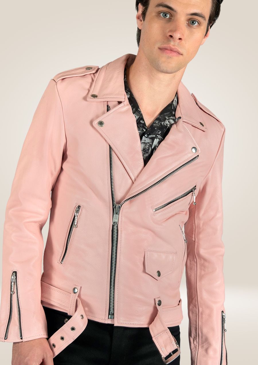 Men's Dusty Pink Biker Leather Jacket - Stylish Edge