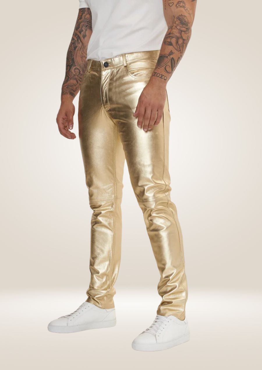 Men's Gold Leather Pants - Daring Metallic Style