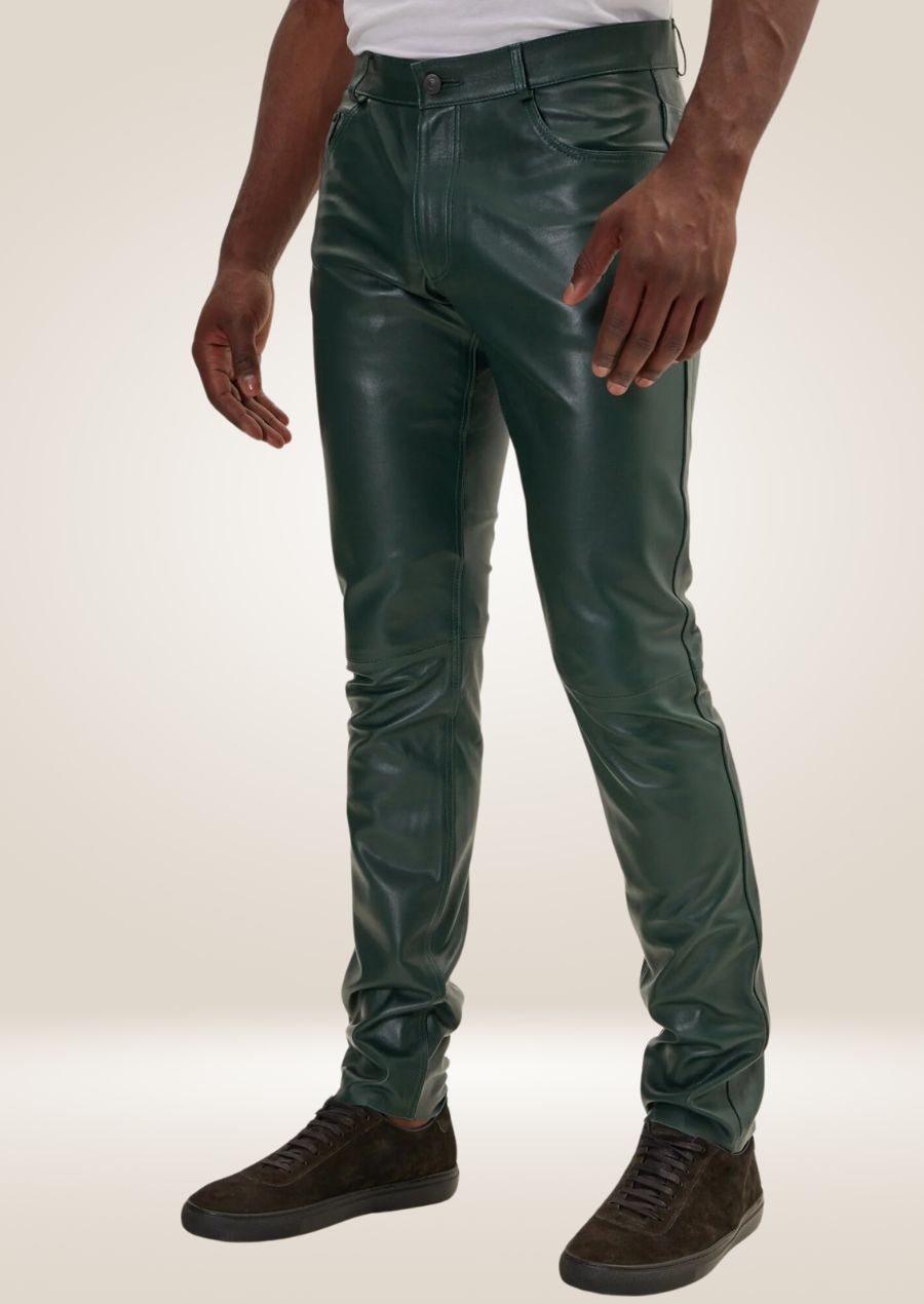 Men's Green Leather Pants - Fresh and Stylish Fit