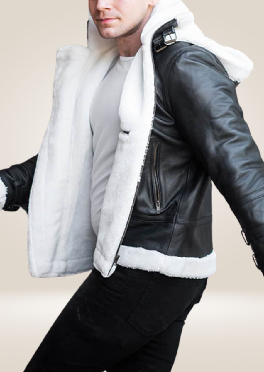 Men's Hooded Black Shearling Leather Jacket