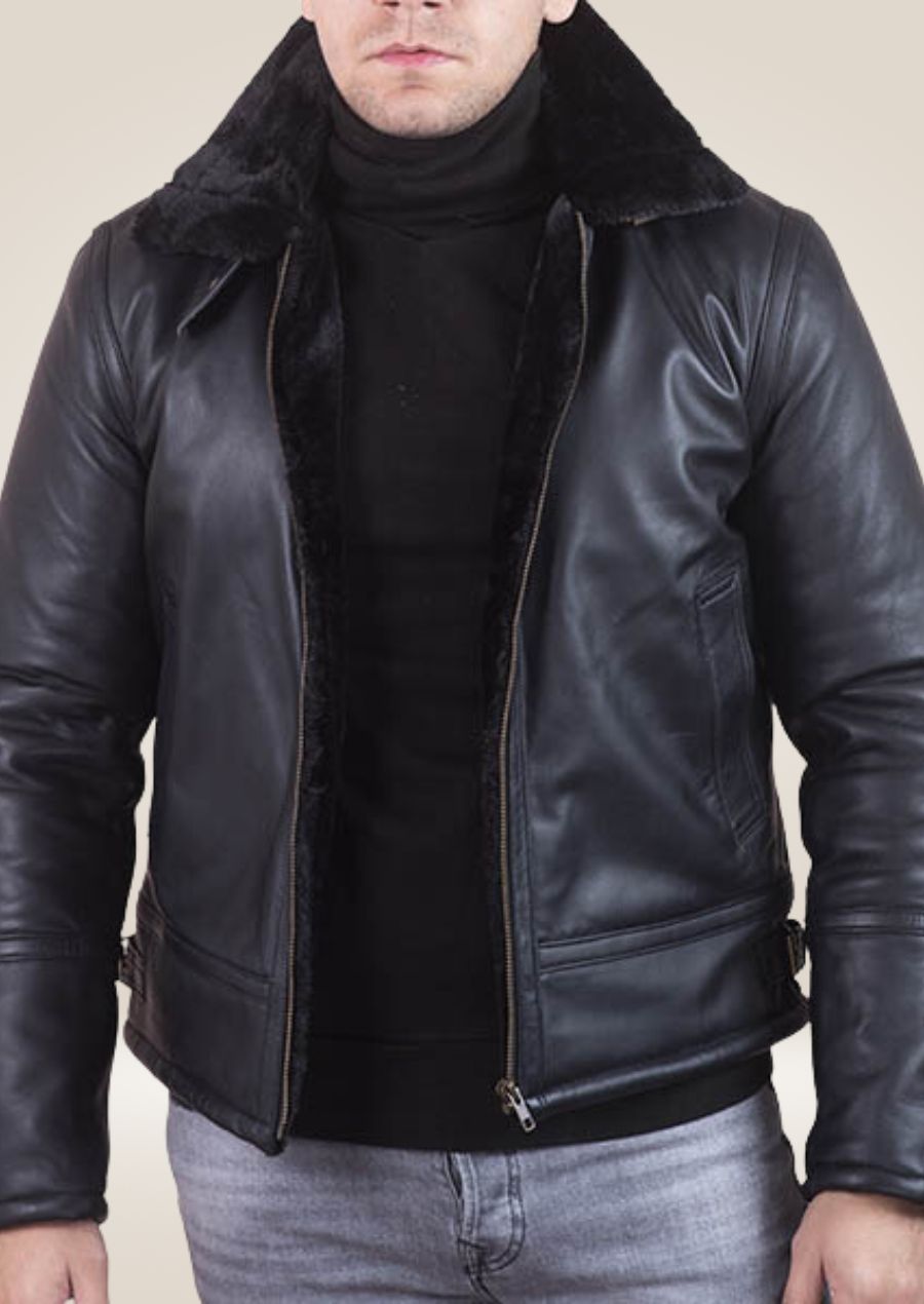 Men's Luxe Black Leather Faux Shearling Jacket