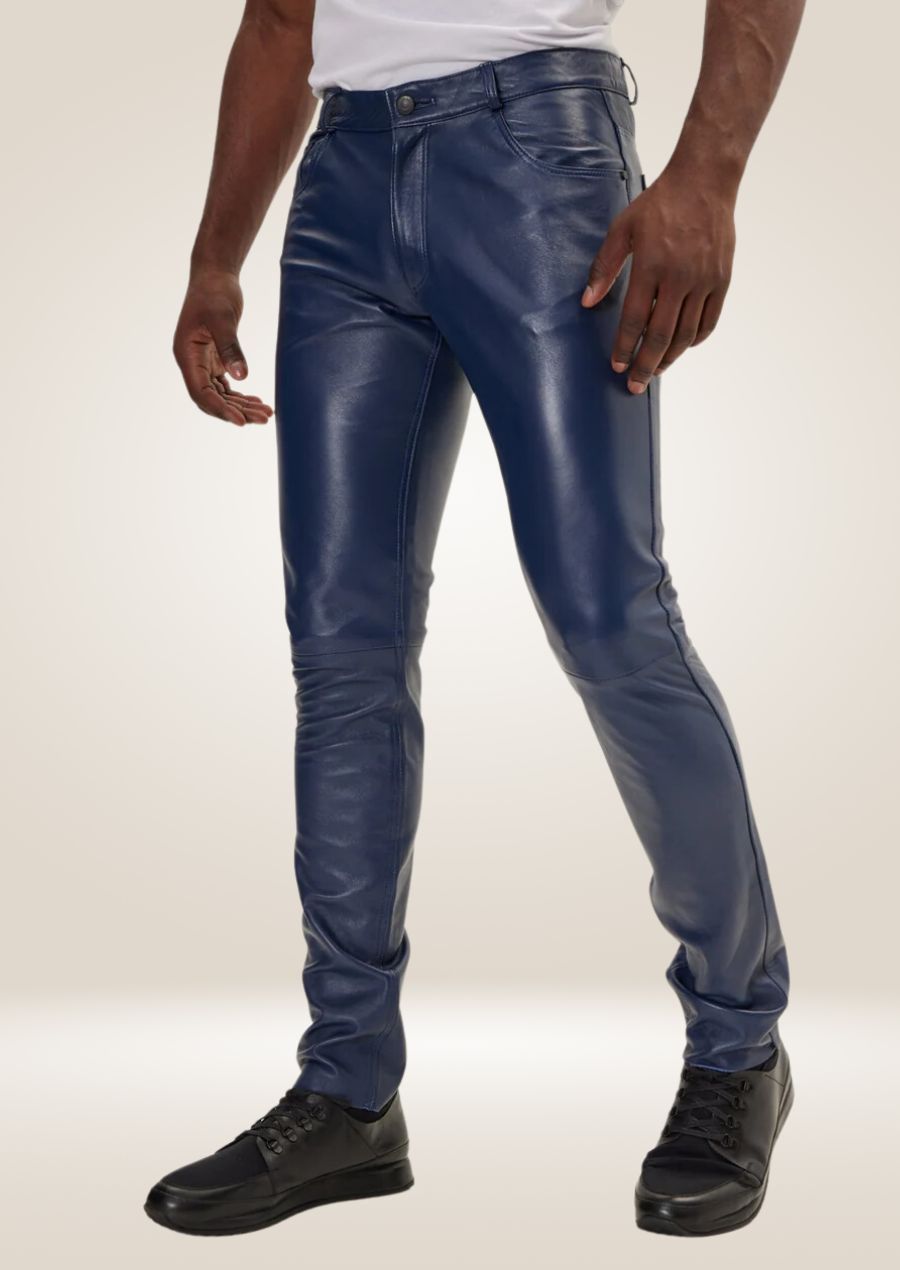 Men's Navy Leather Pants - Classic and Refined Style