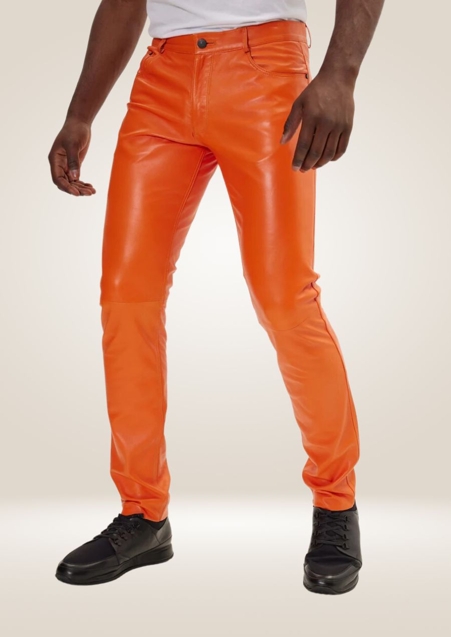 Men's Orange Leather Pants - Bold and Vibrant Style