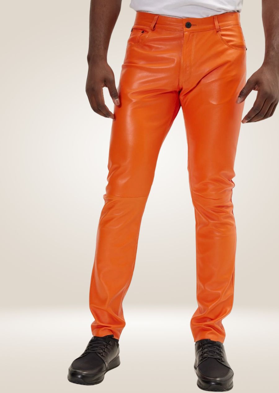 Men's Orange Leather Pants - Bold and Vibrant Style