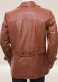 Back view of the men's tan pea coat, highlighting its clean lines and timeless, classic style.
