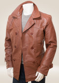 Tan pea coat with an open button front, showcasing its sleek design and refined tailoring.