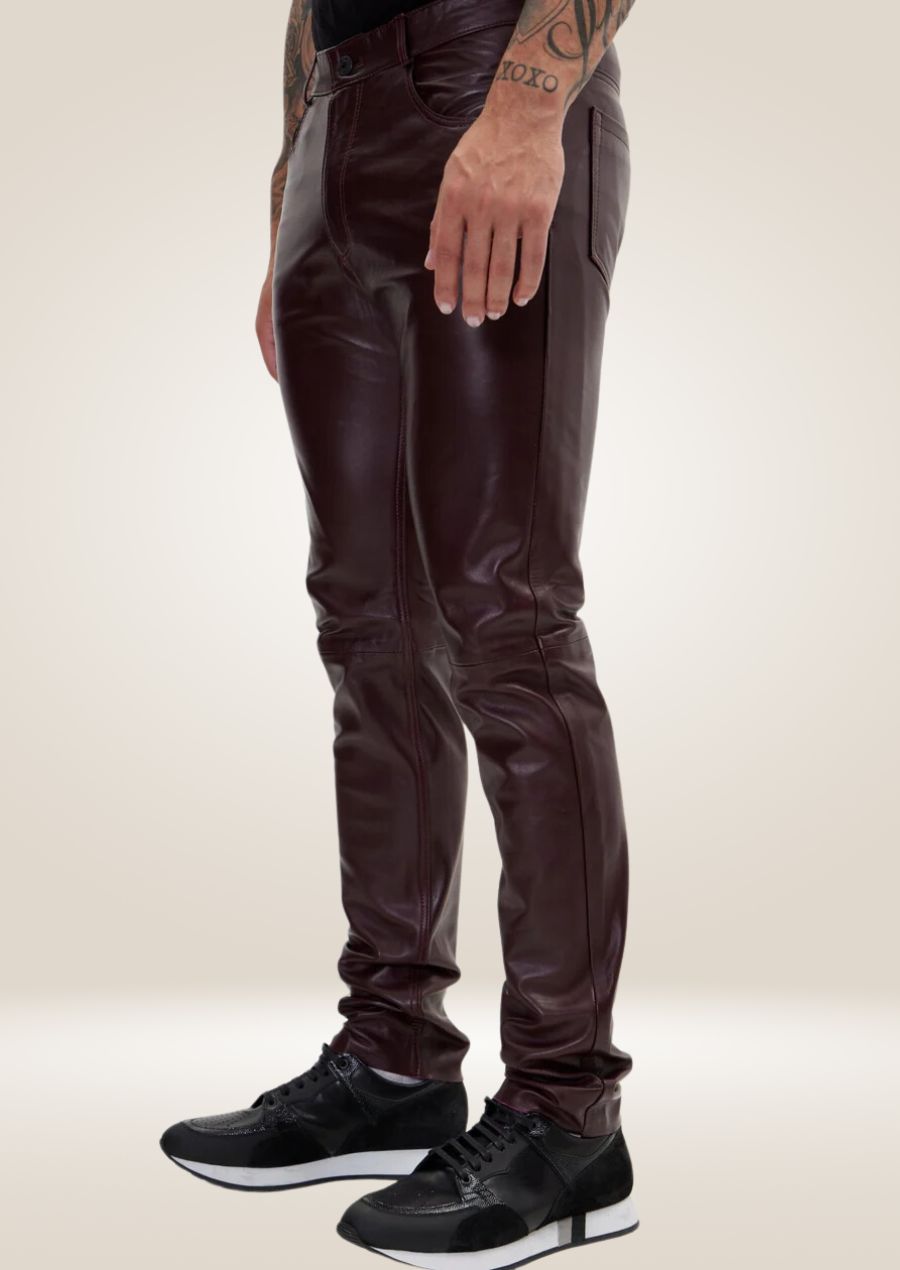 Men's Wine Leather Pants - Rich and Sophisticated Style