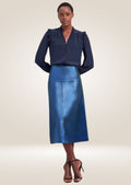 Metallic blue leather midi skirt with high waist and sleek polished futuristic finish