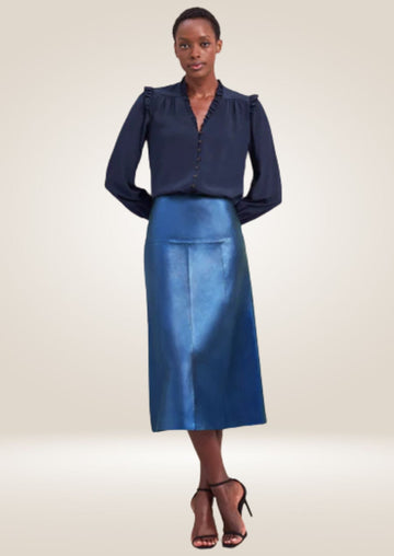 Metallic blue leather midi skirt with high waist and sleek polished futuristic finish